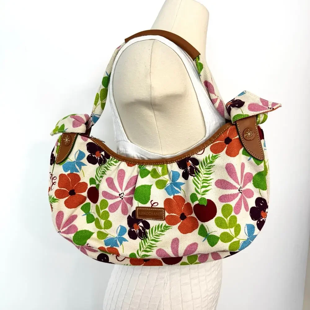 Longchamp Floral Canvas Leather Trim Shoulder Bag Baguette Made in France
